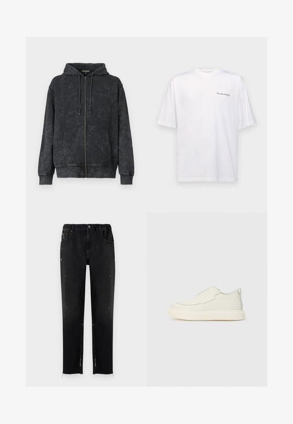 Zwarte gewassen zip-up hoodie met trekkoorden, voorkantzakken en subtiele "Les Benjamins" logo op de linkerborst.; Witte katoenen T-shirt met korte mouwen en een V-hals, voorzien van een zwart "FILLING PIECES" logo dat aan de linkerkant is gedrukt.; Zwarte denim jeans met een elastische tailleband, rechte snit, verwerkte details en een rafelige onderrand. Bevat zakken en een knoopsluiting.; Instapsneaker in off-white, gestructureerd materiaal met een dikke, geribbelde zool. Voorzien van minimale naden en een subtiele lichtblauwe accent.