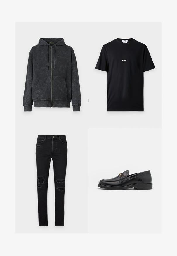 Zwarte gewassen zip-up hoodie met trekkoorden, voorkantzakken en subtiele "Les Benjamins" logo op de linkerborst.; Zwarte katoenen t-shirt met ronde hals en korte mouwen. Voorkant toont het witte "MSGM" logo gecentreerd. Soepele textuur, normale pasvorm.; Zwarte denim jeans met een slim fit, voorzien van versleten scheuren bij de knieën, tonale stiksels en een klassieke knoop- en ritsluiting.; Zwarte leren instappers met een ronde neus, voorzien van een gouden hardware accent en stikdetails, geplaatst op een lage, getextureerde rubberen zool.