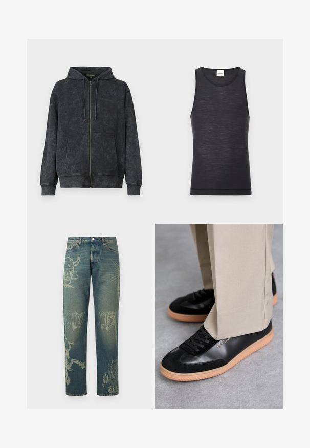 Hoodie noir délavé zippé avec cordons de serrage, poches avant et logo discret "Les Benjamins" sur la poitrine gauche.; Débardeur noir sans manches en matériau léger, avec un col rond et une texture subtile, doté d'un détail d'ourlet contrasté.; Jean en denim avec des imprimés graphiques délavés incluant un crâne cornu fumant, du texte abstrait et un squelette sur les jambes, vue de face.; Paul Smith COMO - Baskets basses - black