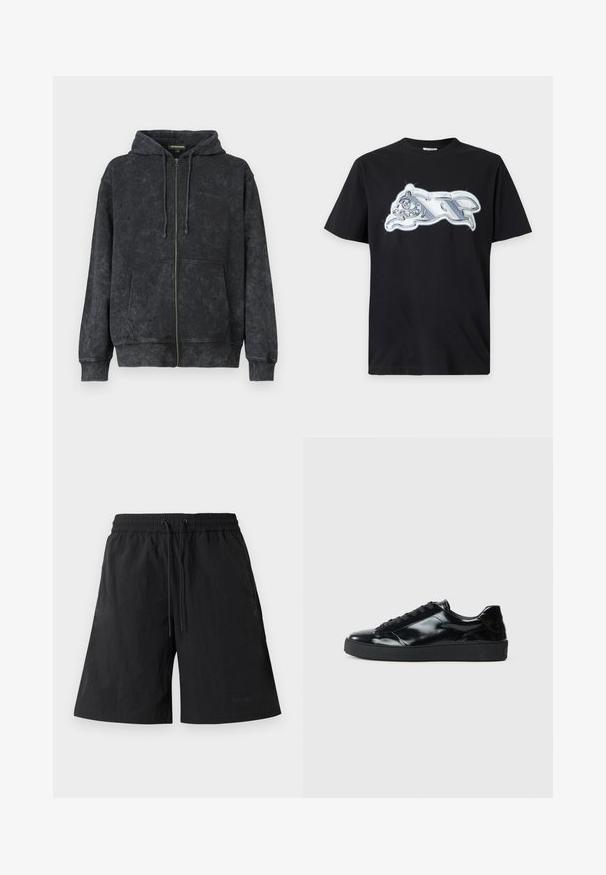 Zwarte gewassen zip-up hoodie met trekkoorden, voorkantzakken en subtiele "Les Benjamins" logo op de linkerborst.; Zwarte T-shirt met korte mouwen met een glanzende zilveren metalen afbeelding van een rennend dier op de borst.; Zwarte shorts van lichtgewicht stof met een gestructureerd oppervlak, voorzien van een elastische tailleband en trektouwtjes voor een verstelbare pasvorm.; Zwarte gepatenteerde leren sneakers met een ronde neus, vetersluiting, een gestructureerde rubberen zool en een glanzende afwerking.
