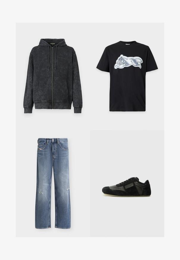 Hoodie noir délavé zippé avec cordons de serrage, poches avant et logo discret "Les Benjamins" sur la poitrine gauche.; T-shirt noir à manches courtes avec un graphisme métallique argenté brillant représentant un animal courant sur la poitrine.; Jean bleu droit avec légère usure aux deux jambes, poches avant, passants de ceinture et fermeture par bouton.; Baskets noires en suède et cuir. Présentent un profile bas, un bout arrondi, un design à lacets et des accents texturés. Les semelles ont une texture antidérapante.
