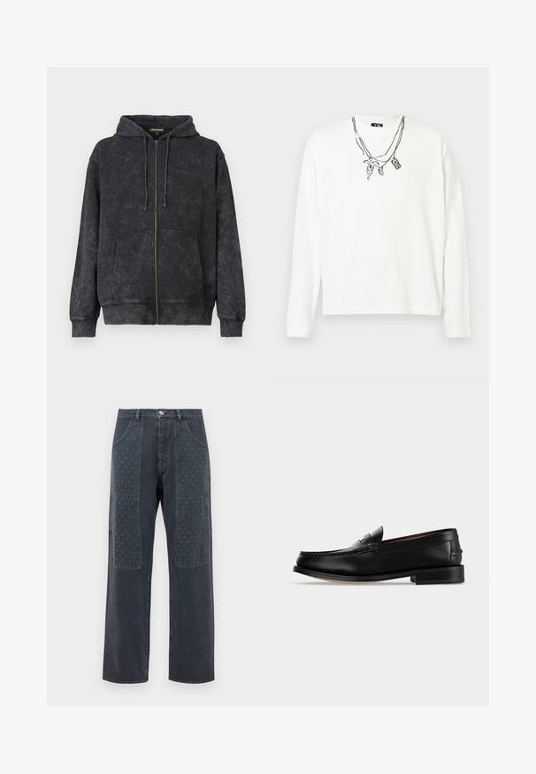 Hoodie noir délavé zippé avec cordons de serrage, poches avant et logo discret "Les Benjamins" sur la poitrine gauche.; Chemise blanche à manches longues en coton avec une coupe décontractée, ornée d'un graphique noir représentant des colliers superposés sur la poitrine.; Jean gris foncé à coupe large, avec des patchs décoratifs à l'avant présentant un motif floral discret et des détails de poches standards.; Mocassin homme en cuir noir avec un petit talon et une couture de style mocassin sur l'avant, vu de côté sur un fond uni.
