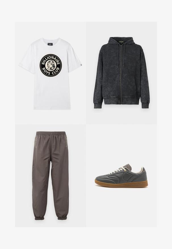 Sort vasket zip-up hoodie med snoretræk, frontlommer og diskret "Les Benjamins" logo på venstre bryst.; Hvid bomulds t-shirt med et sort og guld cirkulært grafisk motiv af en astronaut sammen med teksten "BILLIONAIRE BOYS CLUB". Korte ærmer, rund hals.; Mørkegrå, elastiske bukser med en afslappet pasform. Har samlede manchetter og subtil broderi på siderne. Letvægtsstof.; Mørkegrå lædersneakers med rund tå, hvide snørebånd, lysbrun gummisål og diskrete grå tekstildetaljer ved kraven. Guld logo detajle.