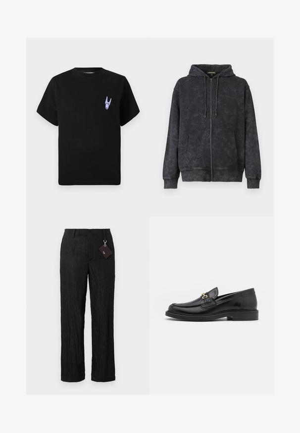 Sudadera con cremallera de color negro lavado, con cordones, bolsillos frontales y un discreto logo de "Les Benjamins" en el lado izquierdo del pecho.; Camiseta de algodón negra con mangas cortas, que presenta un pequeño gráfico morado en la parte izquierda del pecho. Diseño sencillo y rectangular.; Pantalones negros de pierna ancha, texturizados, con un acabado suave y costuras visibles; incluye una etiqueta unida por un lazo de metal plateado.; Mocasines de cuero negro con punta redondeada, que cuentan con un detalle de herrajes dorados y costuras, situados sobre una suela de goma texturizada y baja.
