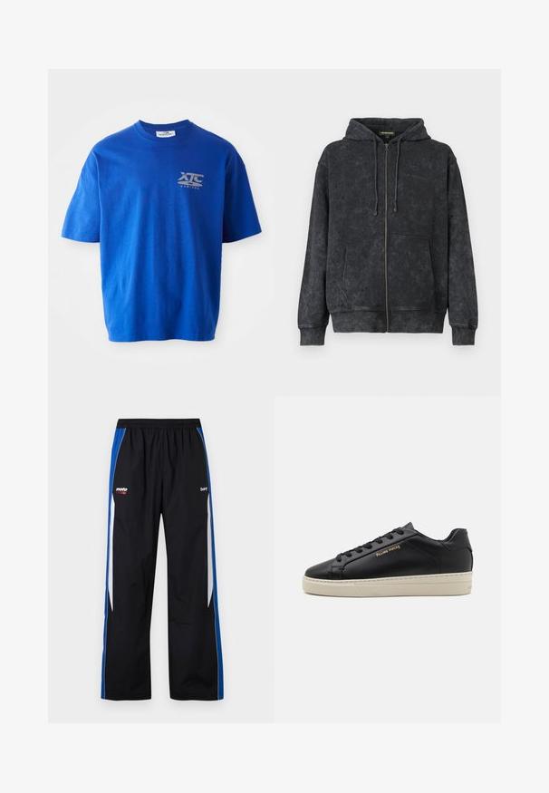 Sort vasket zip-up hoodie med snoretræk, frontlommer og diskret "Les Benjamins" logo på venstre bryst.; Blå bomulds t-shirt med kortærmer, prydet med et gråt logo på den øverste venstre bryst, rund halsudskæring og en afslappet pasform.; Sorte træningsbukser med blå og hvide sidelommer, elastisk talje og små hvide og røde "moto" og "bare" logoer på forsiden.; Sorte lædersneakers med en glat finish, kontrasterende cremefarvet sål, rund tå, guld logo på siden og seks huller til snørebånd.