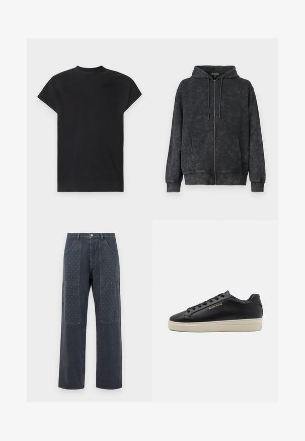 Zwarte gewassen zip-up hoodie met trekkoorden, voorkantzakken en subtiele "Les Benjamins" logo op de linkerborst.; Won Hundred CREED - T-shirt basic - black; Donkergrijze jeans met een wijde pijp, voorzien van decoratieve patches aan de voorkant met een subtiel bloemmotief en standaard zakdetails.; Zwarte leren sneaker met een gladde afwerking, contrasterende crèmekleurige zool, ronde neus, gouden logo aan de zijkant en zes gaatjes voor veters.