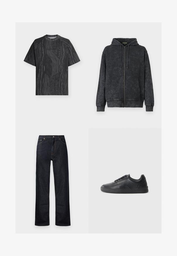 Hoodie noir délavé zippé avec cordons de serrage, poches avant et logo discret "Les Benjamins" sur la poitrine gauche.; T-shirt noir à manches courtes avec col rond, motif abstrait gris foncé subtil et tissu texturé, présenté à plat sur un fond clair.; Jean en denim bleu foncé avec un design à jambe droite, cinq poches et des détails de surpiqûre orange. Fermeture à bouton en métal et zip.; Chaussure de sport en cuir noir avec une finition lisse, bout arrondi, panneau latéral texturé et lacets noirs. Présente une semelle en caoutchouc plate et un design minimaliste.