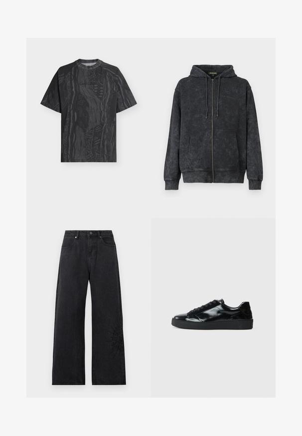Hoodie noir délavé zippé avec cordons de serrage, poches avant et logo discret "Les Benjamins" sur la poitrine gauche.; T-shirt noir à manches courtes avec col rond, motif abstrait gris foncé subtil et tissu texturé, présenté à plat sur un fond clair.; Jean en denim noir à jambes larges avec cinq poches, fermeture à bouton et zip, et un motif de soleil brodé discret près de l'ourlet inférieur de la jambe droite.; Baskets en cuir verni noir avec un bout arrondi, un laçage, une semelle en caoutchouc texturé et une finition lisse.