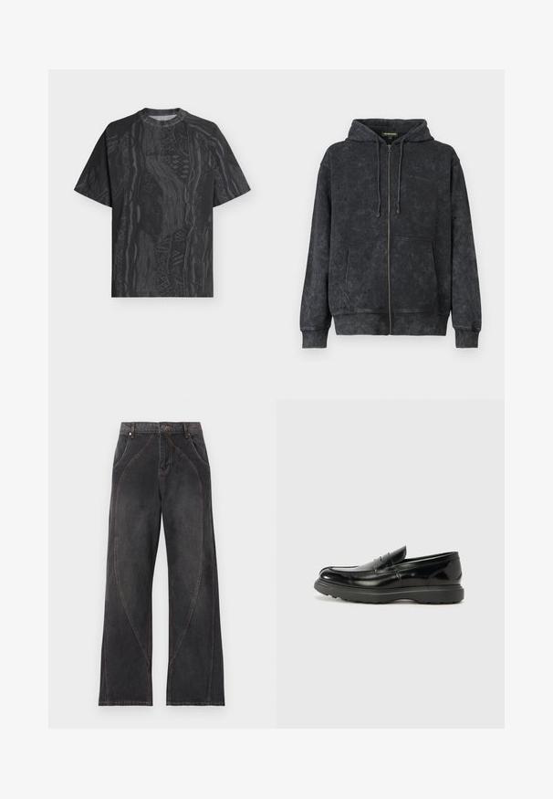 Hoodie noir délavé zippé avec cordons de serrage, poches avant et logo discret "Les Benjamins" sur la poitrine gauche.; T-shirt noir à manches courtes avec col rond, motif abstrait gris foncé subtil et tissu texturé, présenté à plat sur un fond clair.; Jean noir à jambes larges, taille haute, détails de coutures courbes, poches avant, passants de ceinture et fermeture à bouton.; Mocassin en cuir noir avec une finition brillante, bout arrondi, détails de couture subtils et semelle en caoutchouc épaisse pour la durabilité.