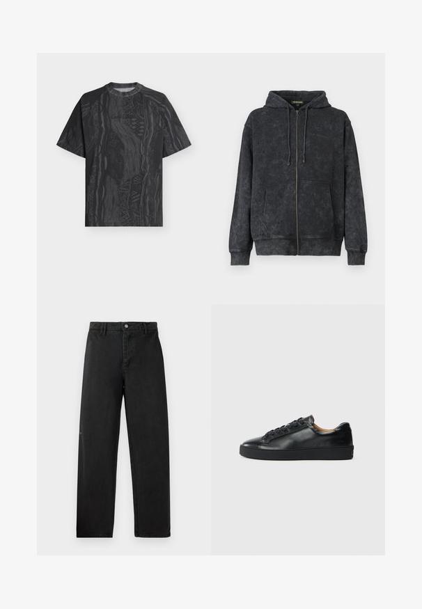 Hoodie noir délavé zippé avec cordons de serrage, poches avant et logo discret "Les Benjamins" sur la poitrine gauche.; T-shirt noir à manches courtes avec col rond, motif abstrait gris foncé subtil et tissu texturé, présenté à plat sur un fond clair.; Pantalons en denim noir à coupe droite, avec une fermeture à bouton à l'avant et une couture discrète. Texture lisse et branding minimal.; Baskets en cuir noir avec une texture lisse, bout rond et fermeture à lacets. Comprend une semelle en caoutchouc épaisse et un minimum de détails de marque.