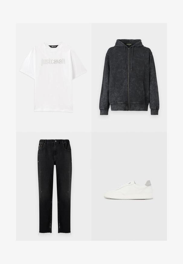 Schwarz gewaschene Zip-Hoodie mit Kordeln, Vordertaschen und dezentem "Les Benjamins"-Logo auf der linken Brust.; Weißes Baumwoll-T-Shirt mit kurzen Ärmeln und lockerer Passform. Mit "Just Cavalli" in Silber auf der Brust gestickt.; Schwarze Jeans aus Denim mit elastischem Bund, geradem Schnitt, abgetragenen Details und fransigem Saum. Mit Taschen und Knopfverschluss.; Weißer Sneaker mit niedrigem Schaft, grauem Fersenlaschen, weißen Schnürsenkeln und einer strukturierten Sohle, dargestellt vor einem schlichten hellen Hintergrund.