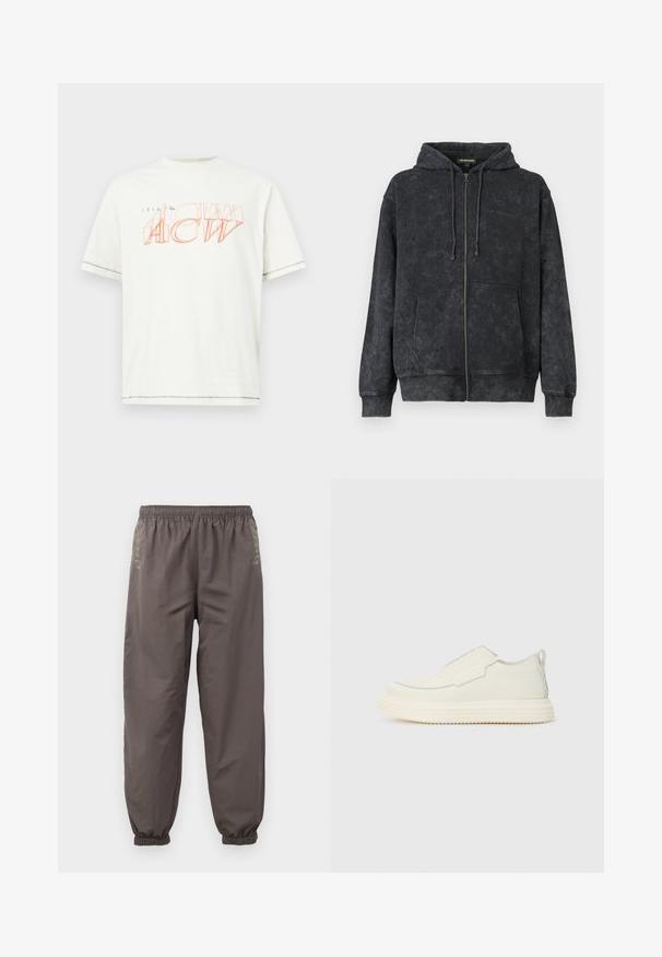 Hoodie noir délavé zippé avec cordons de serrage, poches avant et logo discret "Les Benjamins" sur la poitrine gauche.; T-shirt à manches courtes blanc en coton. Présente un texte en orange superposé et contouré. Ourlet droit avec un détail de couture subtil.; Pantalons gris foncé à taille élastique avec une coupe décontractée. Présentent des poignets froncés et une broderie subtile sur les côtés. Tissu léger.; Sneaker sans lacets en matériau texturé blanc cassé avec une semelle épaisse et rainurée. Présente des coutures minimales et un accent bleu clair subtil.