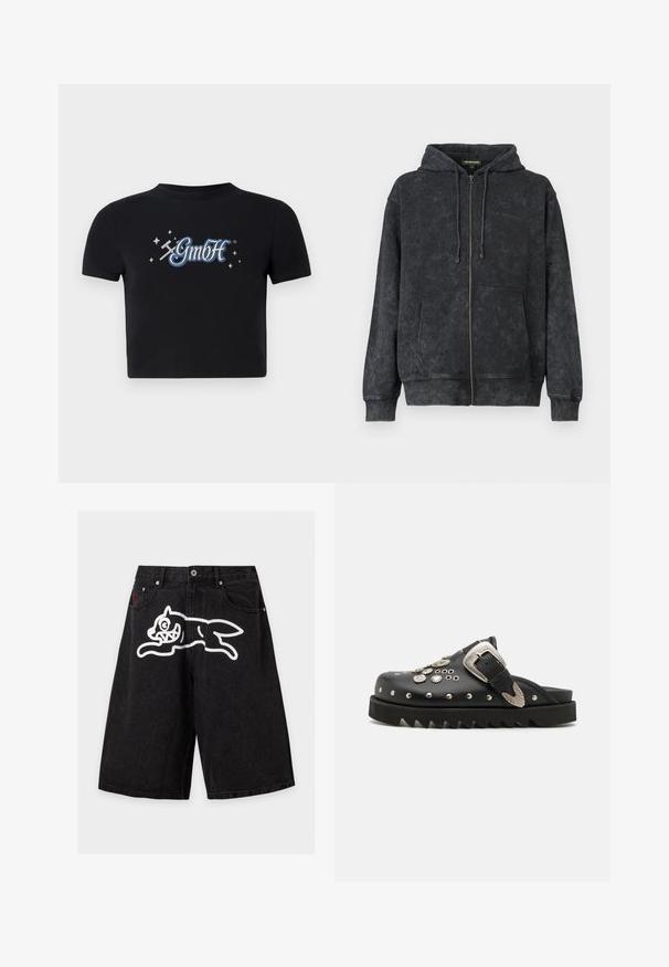 Schwarz gewaschene Zip-Hoodie mit Kordeln, Vordertaschen und dezentem "Les Benjamins"-Logo auf der linken Brust.; Schwarzes, kurzes T-Shirt aus Baumwolle mit rundem Ausschnitt, das auf der Vorderseite ein blaues und weißes "GmbH"-Logo zeigt, umgeben von kleinen Sternen.; Schwarze Denim-Shorts mit einem weißen, cartoonartigen, laufenden Hund-Motiv auf der Vorderseite des oberen Oberschenkels.; Schwarze Leder-Pantoletten mit metallischen Nieten und floralen Akzenten. Mit einem breiten Riemen und einer dicken, gezackten Sohle für zusätzlichen Halt.