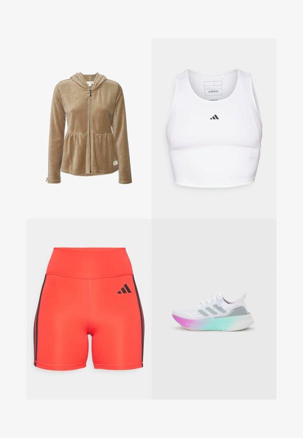 Veste à capuche en velours doux de couleur tan. Présente une fermeture éclair sur le devant, une taille peplum et des manches longues. Texture remarquable et finition lisse.; Crop top de sport blanc en tissu léger et respirant. Présente des panneaux latéraux en mesh et un logo noir brodé sur la poitrine.; Shorts de sport rouge vif avec taille haute, dotés de bandes latérales noires et d'un logo Adidas. Fabriqués en tissu extensible pour le confort.; Chaussure de course Adidas blanche avec des bandes grises et une semelle épaisse passant du rose au vert, arborant les textes "Lightboost" et "Ultraboost".