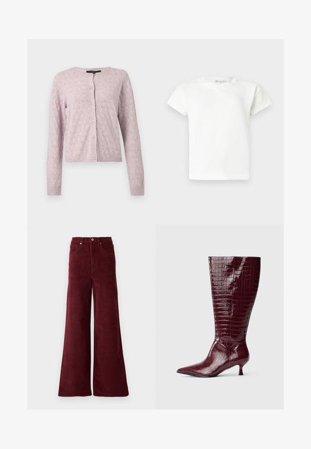 Lyse lilla strikket cardigan med lange ærmer, rund halsudskæring, knapper foran og subtilt blondermønster overalt.; Ensfarvet hvid T-shirt med korte ærmer og rund halsudskæring, med en lige kant, vist på en lys grå baggrund.; Bredde ben bukser i kordfløjl i burgunder, med høj talje, forlommer og knaplukning. Struktureret ribbet stof hele vejen igennem.; Bordeauxfarvede knælange støvler i laklæder med krokodilletekstur, spids tå og lav blokhæl, med en slank, tætsiddende pasform.