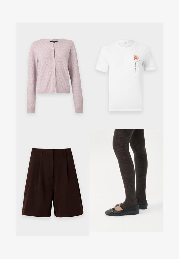 Lyse lilla strikket cardigan med lange ærmer, rund halsudskæring, knapper foran og subtilt blondermønster overalt.; Hvid kortærmet t-shirt med en enkelt pink rose med en hvid sløjfe bundet omkring stilken på venstre brystområde.; Brune plisserede shorts lavet af letvægtsstof. Har en klassisk talje og sidelommer, med en lige pasform og kantede kanter.; Ben iført mørke ribbede leggings kombineret med sorte balletsko med små sløjfedetaljer på hvid baggrund.