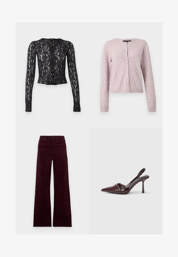 Ανοιχτό μωβ πλεκτή ζακέτα με μακριά μανίκια, στρογγυλή λαιμόκοψη, κουμπιά μπροστά και διακριτικό δαντελένιο σχέδιο σε όλο το ύφασμα.; Μαύρη δαντελένια ζακέτα με μακριά μανίκια και φλοράλ μοτίβο, με ελαφρώς φαρδύ τελείωμα και άνοιγμα μπροστά, σε φωτεινό μονόχρωμο φόντο.; Μπόρντο παντελόνια φαρδιάς γραμμής από κορντόρι με ψηλή μέση, που διαθέτουν φερμουάρ, κούμπωμα με κουμπί και πλαϊνές τσέπες. Ομαλή υφή με κάθετες ραβδώσεις.; Πέδιλο με τακούνι τύπου slingback από βουργουνδί γυαλιστερό δέρμα, με μυτερή μύτη, λεπτό λουράκι αστραγάλου και μικρή διακοσμητική αγκράφα. Ομαλή υφή και ψηλό τακούνι.