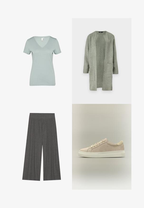 Hellgrüner Cardigan aus weichem Strickstoff, mit Rundhalsausschnitt, offener Front und zwei vorderen Taschen. Langen Ärmeln, lockere Passform.; Hellblauer V-Ausschnitt-T-Shirt aus weichem Material. Mit kurzen Ärmeln und glatter Textur ohne sichtbare Muster oder Akzente.; Graue weite Hosen mit einem strukturierten Rippmuster und einem elastischen Bund. Der Stoff wirkt weich und leicht, ideal für Freizeitmode.; Beige Nubukleder-Sneaker in niedriger Ausführung mit cremefarbener Gummisohle und passenden Schnürsenkeln, seitlich betrachtet vor neutralem Hintergrund.