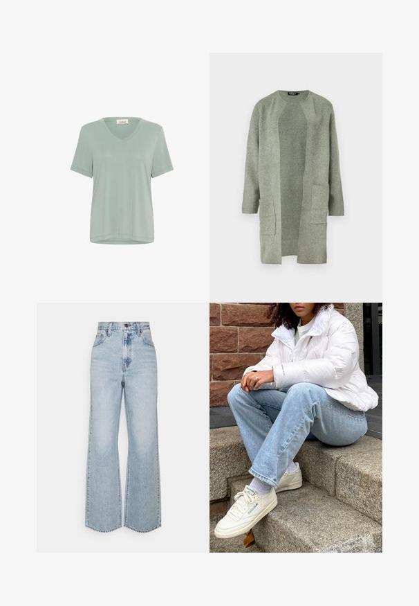 Hellgrüner Cardigan aus weichem Strickstoff, mit Rundhalsausschnitt, offener Front und zwei vorderen Taschen. Langen Ärmeln, lockere Passform.; Weiches, hellgrünes T-Shirt mit V-Ausschnitt und kurzen Ärmeln. Hergestellt aus glattem Stoff, mit lockerer Passform und minimalen Nähten.; Helle blaue Jeans im weiten Schnitt mit hoher Taille, klassischem Fünf-Taschen-Design und kontrastierenden Nähten. Unfinished Saum am unteren Ende.; Weißer Pufferjacke mit hohem Kragen, hellblauen Jeans und weißen Reebok-Sneakern. Strukturierten Steinstufen im Hintergrund.