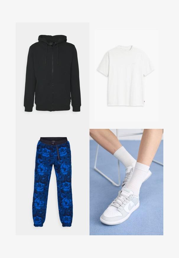 Only & Sons ONSCERES LIFE HOODIE - Mikina s kapucňou - dark navy; Biele bavlnené tričko s krátkymi rukávmi, okrúhlym výstrihom a jemne svetlým logom "Levi's" potlačeným na prednej strane.; Modré fleecové jogger nohavice s kvetinovým vzorom, s čiernym elastickým pásom a šnúrkou na stiahnutie. Textúrovaná tkanina s elastickými manžetami na členkoch.; Biele tenisky s svetlomodrými akcentmi, kožený zvršok, perforovaná špička, hrubé šnúrky a rebrové biele ponožky na modrom pozadí.