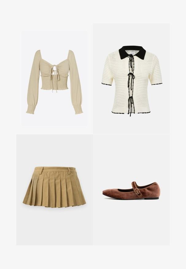 Kremfarvet kortærmet striktop med sort krave, sorte bindelukninger foran og sort kant på ærmer og kant.; Lysebeige cropped top i glat stof; har lange, puffede ærmer, ét sammentrukket bryst med bindefront og smockdetalje ved taljen.; Plisseret nederdel i sandfarvet stof med en tætsiddende talje, flere plisseringer og en lige nederste kant. Ingen synlige lukninger eller detaljer.; Bianco Mary Jane shoes BIALILJA - Ballerinasko m/ rem - dark brown