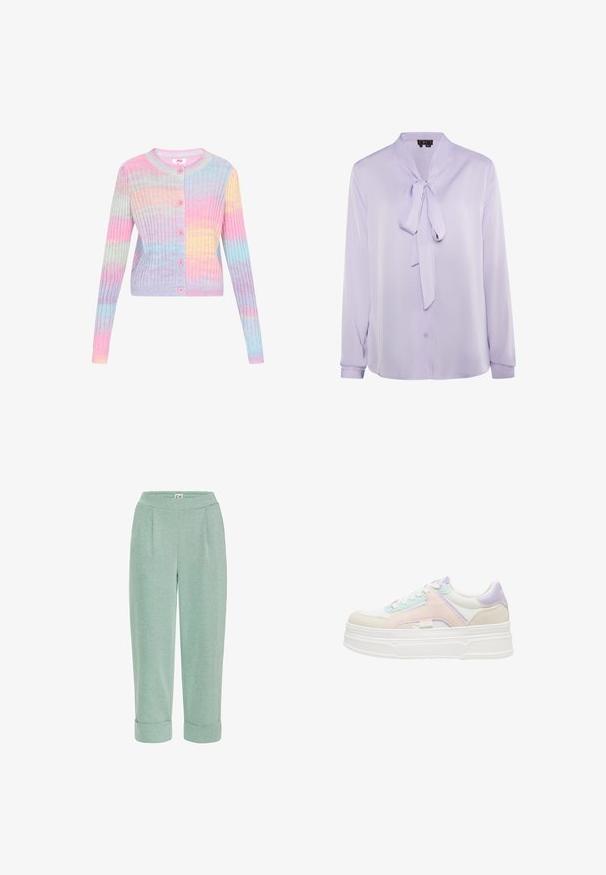 Ribbede cardigan i pastelfarver (pink, blå, gul) med fem knapper og rund halsudskæring. Lange ærmer og blød tekstur.; Lavendelbluse med bindebånd i halsen, lange ærmer og knaplukning. Glat stof med en let glans, der har minimalistiske design detaljer.; Lysegrønne cropped bukser med en blød tekstur, der har en rullet kant og frontfoldninger, designet til komfort og afslappet brug.; Lav platform sneaker med hvid bund, pastelrosa, lilla og lyseblå stofoverlejringer og hvide snørebånd.