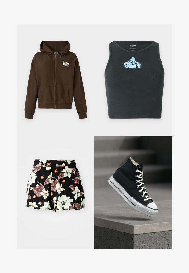 Bruine rits hoodie van zacht materiaal, met een trekkoord capuchon, voorzakken en een logo op de linkerborst.; Zwarte geribbelde katoenen cropped tanktop met een lichtblauw grafisch logo in het midden van de borst. Mouwloos ontwerp met een ronde hals.; Zwarte bloemenkorte broek met grote lichtgroene en oranje bloemen en donkere bladeren, geplooid ontwerp, met zijzakken.; Zwarte hoge sneaker met witte veters en rubberen zool, balancerend op de rand van een grijs betonnen platform.