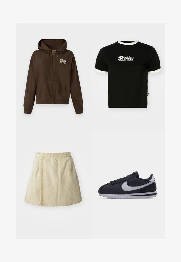 Brun hættetrøje med lynlås lavet af blødt stof, med snoretræk i hætten, forlommer og et logo på venstre bryst.; Sort bomulds t-shirt med hvid ribbet halsudskæring og ærmekanter. Har hvidt logo-tekst på forsiden: "Dickies Workwear Company." Korte ærmer.; Khaki mini nederdel lavet af blødt stof, med lukning på siden, glat tekstur og en let udvidet silhuet med nederkanten over knæet.; Sort atletisk sko med grå accenter, glat syntetisk overdel, tekstureret sål, afrundet tå og flade snørebånd. Klassisk design med logodetalje.