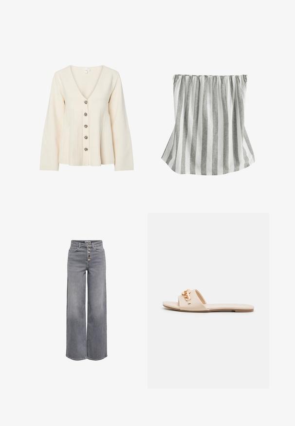 Beige, langærmet cardigan med V-hals, der har fem dekorative knapper og plisserede frontdetaljer. Blødt strikstof.; Grå og hvid stribet off-shoulder top med elastisk, rynket halsudskæring og en udvidet silhuet lavet af letvægtsstof.; Grå denimjeans med høj talje, bred ben og fem synlige knapper ved frontlukningen.; Beige slidesandaletter med åben tå, flad sål og dekorative metallkædeaccenter på stroppen. Glat materiale med minimal tekstur.