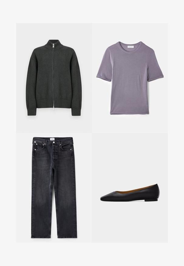 Mørkegrå strikket cardigan med lynlås, høj krave, ribbede manchetter og kant. Har en sølv lynlås med et rektangulært træk.; Lilla kortærmet t-shirt lavet af blødt stof, med en rund hals og en lige kant, med en glat tekstur og uden synlige mønstre.; Sorte denimjeans med lige pasform, fem lommer, sølvhardware og en let falmet tekstur. Klassisk design med minimal detaljering.; Sort læder flad sko med spids tå, lav hæl og glat finish, vist fra siden på en lysegrå baggrund.