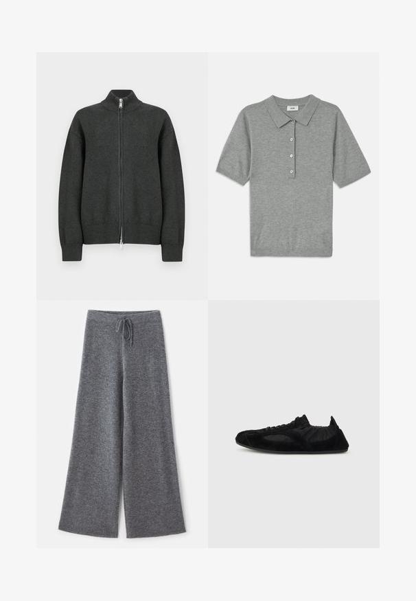 Cardigan tricoté gris foncé à fermeture éclair avec un col montant, des poignets et un ourlet côtelés. Comprend une fermeture éclair argentée avec une languette rectangulaire.; Polo gris en tissu doux et texturé, avec un col, des manches courtes et une patte de boutonnage à quatre boutons.; Pantalons larges gris en tissu tricoté doux avec une taille élastique à cordon, mettant en valeur une surface texturée et des bords nets.; Baskets légères noires avec accents en daim, cheville élastiquée et semelle fine, présentées en profil latéral sur un fond uni.