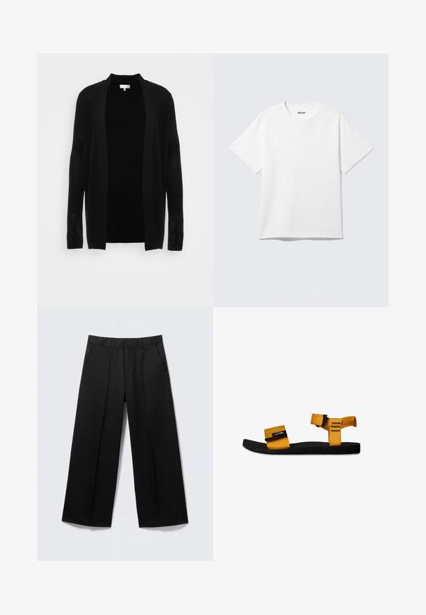 Cardigan negro abierto por delante, hecho de un tejido ligero y texturizado. Dispone de mangas largas y un corte relajado, ideal para superponer.; Camiseta blanca de manga corta con cuello redondo, colocada plana, diseño liso, con etiqueta "WEEKDAY" en el interior del cuello sobre un fondo claro.; Pantalones negros de pierna ancha con trabillas para cinturón, bolsillos delanteros y cierre de cremallera, exhibidos sobre un fondo gris claro.; Sandalia de tela amarilla con dos correas ajustables, suela de goma negra, plantilla texturizada y detalle de suela blanca. Vista lateral.