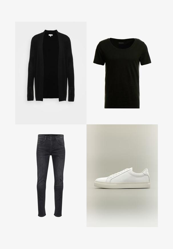 Cardigan noir ouvert à l'avant, fabriqué en tissu léger et texturé. Il présente des manches longues et une coupe décontractée, idéale pour le superposition.; T-shirt noir à manches courtes avec un décolleté arrondi, texture douce et coupe décontractée. Fabriqué en matière légère et respirante.; Jeans skinny-fit en denim gris foncé, avec poches latérales et arrière, une fermeture à bouton à l'avant, et des détails de décoloration subtils.; Baskets blanches basses à lacets sur l’avant et semelle épaisse, vues de côté sur un fond neutre.