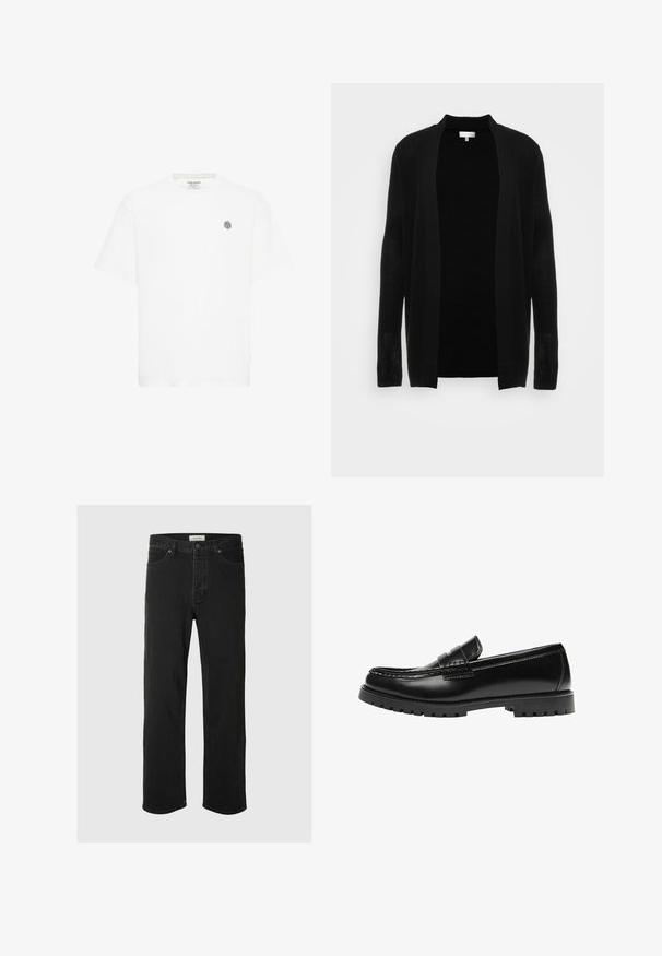 Schwarzer, offener Cardigan aus leichtem, strukturiertem Stoff. Verfügt über lange Ärmel und eine lockere Passform, ideal zum Schichten.; Weißes Kurzarm-T-Shirt mit Rundhalsausschnitt und einem kleinen grauen geometrischen Logo auf der linken Brust. Hergestellt aus weichem Baumwollmaterial.; Schwarze Denim-Jeans im Straight-Leg-Schnitt verfügen über ein klassisches Fünf-Taschen-Design mit Knopfverschluss, minimaler Naht und einer weichen Textur.; Schwarzer Leder-Slipper mit dicker Gummisohle und klassischem Penny-Detail an der Riemen, von der Außenseite gezeigt.