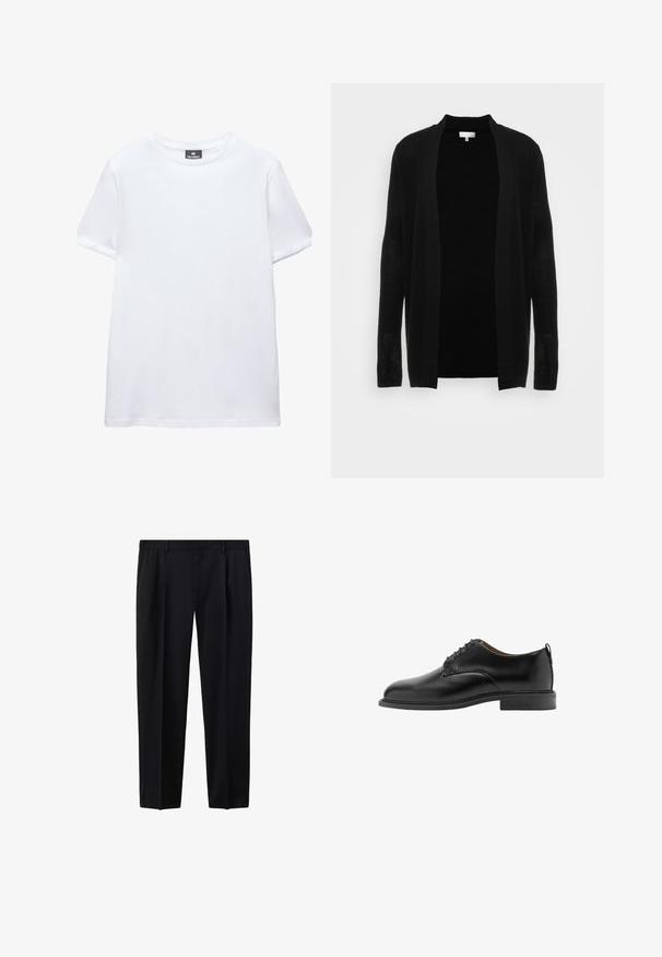 Sort åben-front cardigan lavet af letvægts, tekstureret stof. Har lange ærmer og en afslappet pasform, velegnet til lag-på-lag styling.; Simpel hvid t-shirt med korte ærmer og rund halsudskæring med en sort Pull&Bear mærkat indeni kraven, vist på en hvid baggrund.; Sorte skræddersyede formelle bukser med bæltestropper og sidelommer, lige ben, vist fladt på hvid baggrund.; Sort herres klassiske sko i læder med lukket snørebånd, lav stablet hæl og trækstrop bagpå, vist i sideprofil.
