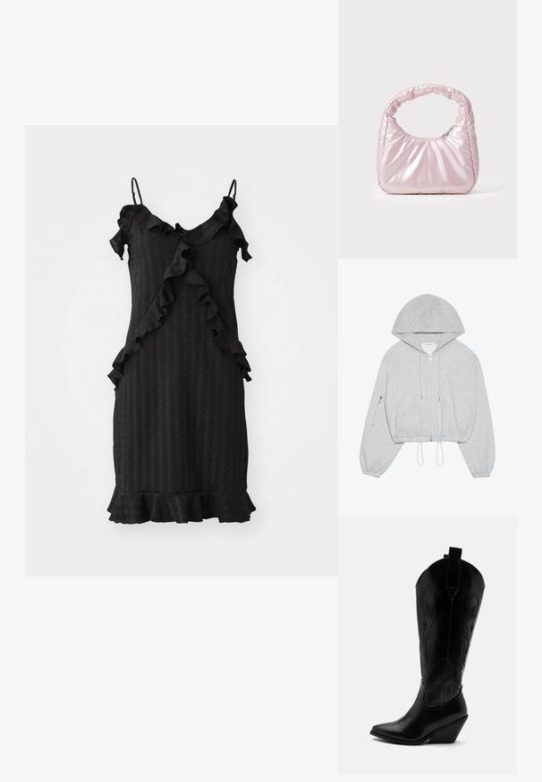Γκρι κοντό hoodie με μπροστινό φερμουάρ, κορδόνι στο στρίφωμα, μεγάλη κουκούλα και τσέπη με φερμουάρ στο αριστερό μανίκι. Μαλακή υφή υφάσματος.; Μαύρο φόρεμα με ρυτιδωτές λεπτομέρειες, ρυθμιζόμενες τιράντες σπαγγέτι, υφή υφάσματος και φαρδύ στρίφωμα. Κάθετες ρίγες σε όλη την επιφάνεια.; Μαύρη δερμάτινη καουμπόικη μπότα με μυτερή μύτη, κεκλιμένο τακούνι τύπου μπλοκ, διακοσμητική ραφή και θηλιές στην κορυφή με φόντο το λευκό.; Ροζ, επενδεδυμένη τσάντα χειρός με στρογγυλεμένο σχέδιο, κατασκευασμένη από γυαλιστερό υλικό. Διαθέτει μαζεμένη λαβή και κλείσιμο με φερμουάρ για ασφαλή πρόσβαση.