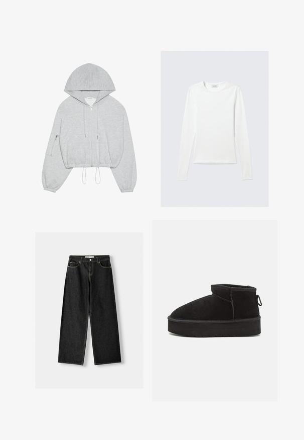 Grå cropped hoodie med lynlås foran, snøre ved kanten, stor hætte og lynlås-lomme på venstre ærme. Blødt stof.; Langærmet, enkel hvid T-shirt med rund halsudskæring og tætsiddende pasform, vist mod en lysegrå baggrund.; Sorte denim bukser med bred ben, der har fem lommer, metalknap og lynlås lukning samt kontrasterende gul syning langs sømmene.; Sorte ruskinds ankelstøvler med en rund tå, der har en forhøjet sål og en sidesløjfe for nem påtagning. Designet er enkelt med minimale detaljer.