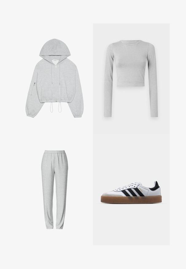 Γκρι κοντό hoodie με μπροστινό φερμουάρ, κορδόνι στο στρίφωμα, μεγάλη κουκούλα και τσέπη με φερμουάρ στο αριστερό μανίκι. Μαλακή υφή υφάσματος.; Ανοιχτό γκρι κοντό μακρυμάνικο τοπ φτιαγμένο από ελαστικό ύφασμα, με απλή στρογγυλή λαιμόκοψη και λείο υφή.; Γκρι φόρμες με ελαστική μέση, σφιχτό σχέδιο ποδιών, μαλακή υφή και χωρίς ορατά μοτίβα ή μεταλλικά στοιχεία.; Λευκά δερμάτινα αθλητικά παπούτσια με μαύρες ρίγες, σόλα από καουτσούκ γκιομ, στρογγυλή μύτη, κλείσιμο με κορδόνια και μαλακή γκρι σουέτ μύτη.