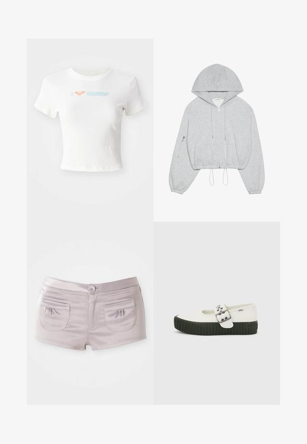 Γκρι κοντό hoodie με μπροστινό φερμουάρ, κορδόνι στο στρίφωμα, μεγάλη κουκούλα και τσέπη με φερμουάρ στο αριστερό μανίκι. Μαλακή υφή υφάσματος.; Λευκό κοντό t-shirt από βαμβάκι, με πορτοκαλί σύμβολο καρδιάς και το λεκτικό "SURF" σε ανοιχτό μπλε εκτύπωση στο μπροστινό μέρος. Κοντά μανίκια, στρογγυλή λαιμόκοψη.; Ανοιχτό μωβ σορτσάκια φτιαγμένα από λείο, γυαλιστερό ύφασμα, με δύο πίσω τσέπες και κλείσιμο με κουμπί μπροστά και επίπεδη μέση.; Άσπρο παπούτσι Vans Mary Jane με παχιά μαύρη ραβδωτή σόλα και μεγάλο ασημένιο λουράκι με αγκράφα σε απλό γκρι φόντο.