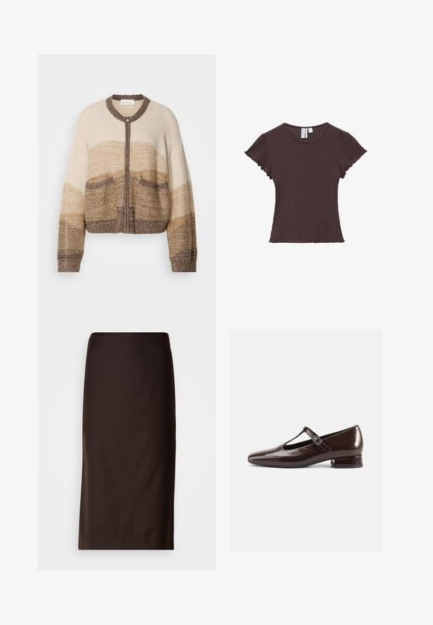 Beige og brun strikket cardigan med rund krave, lynlås lukning og to forreste lommer. Har et gradientmønster og tekstureret stof.; Mørkebrunt ribstrikket tætsiddende top med korte ærmer, rund hals og bølget kant på ærmer og bund.; Brun blyantskørt, knælængde, lavet af glat stof. Har et enkelt design uden synlige mønstre eller pynt.; Brune Mary Jane-sko i laklæder med en rundet tå, udskæringsdesign og justerbar rem. Lav blokhæl.