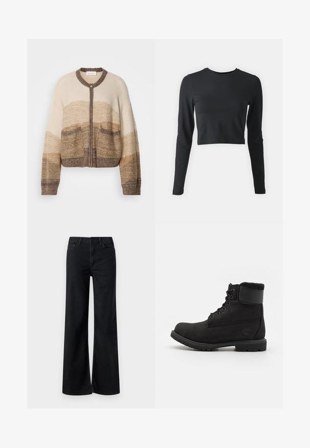 Beige og brun strikket cardigan med rund krave, lynlås lukning og to forreste lommer. Har et gradientmønster og tekstureret stof.; Sort cropped langærmet skjorte lavet af blød, strækbar stof. Har en rund halsudskæring og tætsiddende ærmer, med en ensfarvet overflade og ingen mønstre.; Sorte bukser med brede ben lavet af denim. Har et klassisk fem-lomme design, lynlåsåbning og subtile stikningsdetaljer. Glat overflade.; Sorte læder ankelstøvler med rund tå, snørelukning foran, imitation pelskrave og gummisål. Har et mærket logo på siden.
