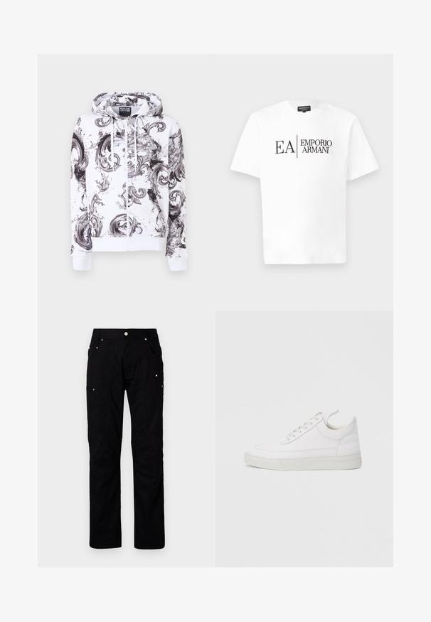 Hvid hættetrøje med lynlås med sorte og grå abstrakte swirl-mønstre og en hætte med snore, mærket Versace Jeans Couture.; Hvid T-shirt med korte ærmer og sort "EA Emporio Armani" tekstlogo centreret foran mod en ensfarvet baggrund.; Sorte cargo-bukser lavet af slidstærkt stof med flere lommer, forstærket syning og metalaccenter for forbedret funktionalitet.; Hvid lædersneaker med rundet tå, flad sål og snørebånd foran. Har syningsdetaljer og polstret krave for komfort.