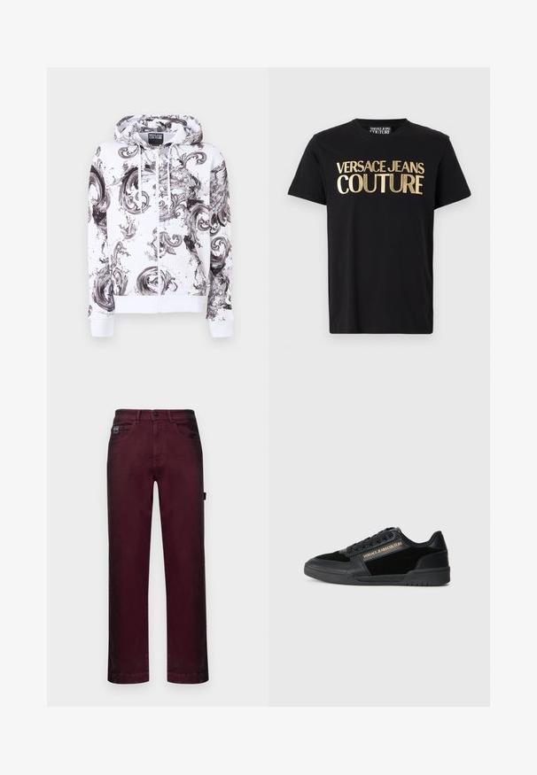 Weißer Kapuzenpullover mit Reißverschluss, schwarz-graue abstrakte Wirbelmuster und Kapuze mit Kordelzug, mit dem Label Versace Jeans Couture.; Schwarzes Baumwoll-T-Shirt mit großen goldenen Buchstaben, auf denen "VERSACE JEANS COUTURE" steht. Kurzärmlig und mit rundem Ausschnitt. Einfaches Design.; Burgunderfarbene Denim-Hosen mit geradem Schnitt, fünf Taschen, Metallknopfverschluss und Gürtelschlaufen für eine verstellbare Passform.; Schwarzer Sneaker mit glattem Lederfinish und Wildlederakzenten. Verfügt über ein Low-Top-Design, Schnürsenkel und goldene Logodetails an der Seite.