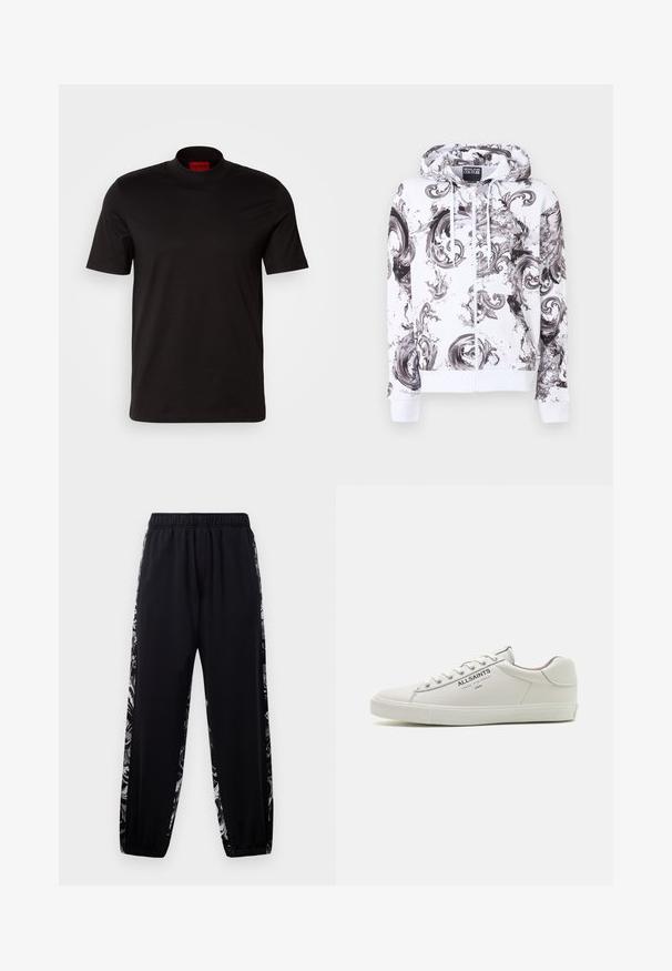 Hvid hættetrøje med lynlås med sorte og grå abstrakte swirl-mønstre og en hætte med snore, mærket Versace Jeans Couture.; Sort kortærmet t-shirt med høj hals design. Fremstillet af glat stof. Har et rødt mærke på indersiden af kraven.; Sorte joggerbukser med elastisk talje og manchetter, prydet med grå og hvide blomsterprintstriber langs ydersiden af benene.; Hvide lædersneakers med et lavt design, tekstureret gummisål og "ALLSAINTS" logo på siden. Standard snørelukning.