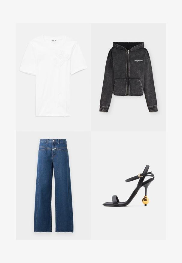 Čierna vyblednutá mikina na zips s prednými vreckami a logom „Karl Lagerfeld Jeans“ na hrudi, s mierne krátkym strihom.; Biela krátka bavlnená tričko s krátkym rukávom, na prednej strane s tromi štruktúrovanými aplikáciami kvetov, oblečené s okrúhlym výstrihom a uvoľneným strihom.; Modré rifle s vysokým pásom a širokými nohavicami, predné zapínanie na gombíky a zips, predné vrecká a viditeľné oranžové švy na jednofarebnom pozadí.; Čierne sandále na vysokom opätku s tenkým remienkom okolo členku a unikátnym zlatým guľatým detailom na opätku, s dizajnom štvorcového prsta.