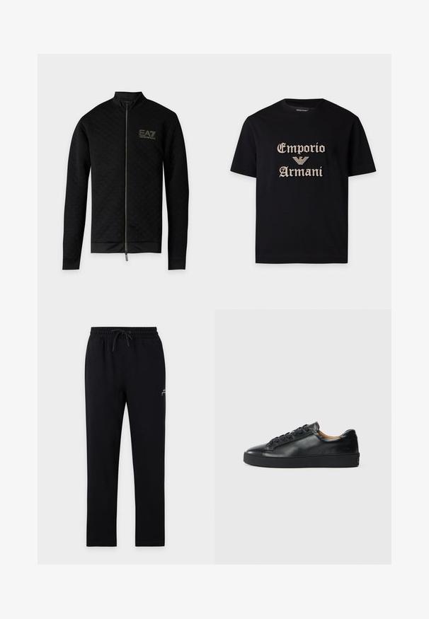 Veste noire à manches longues zippée avec une texture à carreaux subtile et logo EA7 Emporio Armani sur la poitrine gauche.; T-shirt noir à manches courtes avec texte beige "Emporio Armani" et logo d'aigle brodé au centre devant.; Pantalon de jogging noir avec taille élastique et cordon, jambes droites, avec un petit logo blanc sur la partie supérieure de la cuisse gauche.; Baskets en cuir noir avec une texture lisse, bout rond et fermeture à lacets. Comprend une semelle en caoutchouc épaisse et un minimum de détails de marque.