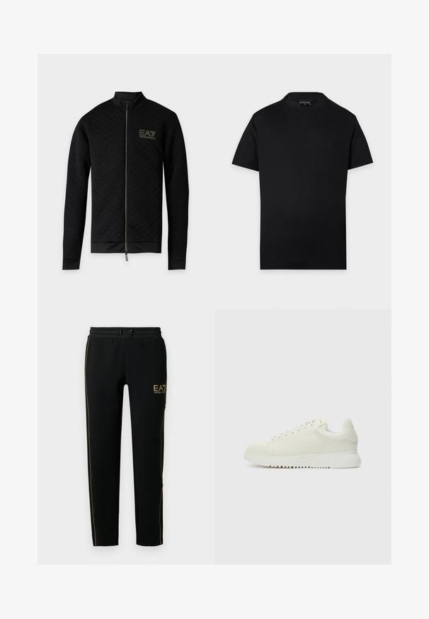 Must pikkade varrukatega lukuga jakk, millel on peen ruuduline tekstuur ja EA7 Emporio Armani logo vasakul rinnal.; Lihtne must lühikeste varrukatega ümara kaelusega T-särk, mille rinnal on peen väike logo ja kaelal nähtav silt hallil taustal.; Mustad mustadest spordipükstest, millel on kitsenev disain, elastne vöökoht koos paelaga ning kuldsed aktsenttriibud külgedel ja logo.; Valge nahkne sneaker, millel on tekstureeritud pealmine osa, ümar varvas, lame valge talla ja tooni järgi seotud paelad. Disciple brändimine keelega.