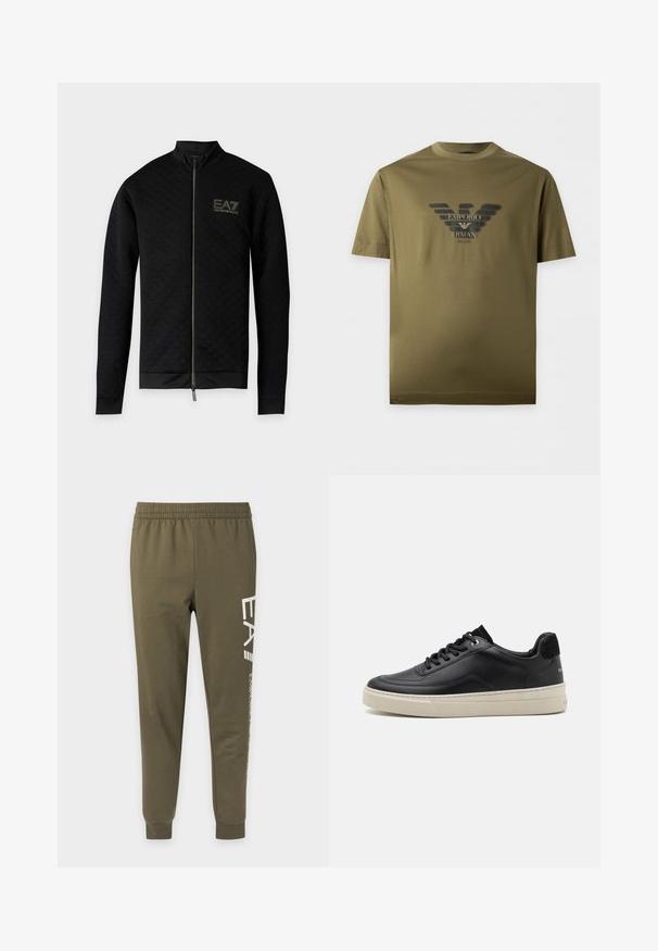 Čierna bunda na zapínanie na zips s dlhým rukávom, jemnou kockovanou textúrou a logom EA7 Emporio Armani na ľavej strane hrudníka.; Khaki zelené tričko s krátkym rukávom s čiernym logom orla Emporio Armani a textom "EMPORIO ARMANI MILANO" na hrudníku.; Olivovo zelené teplákové nohavice s elastickým pásom a lemami, s bielym vertikálnym textom na pravej nohe.; Čierne kožené tenisky s nízkym profilom, s krémovou gumovou podrážkou, okrúhlou špičkou a šnurovacím dizajnom, doplnené čiernym semišovým opätkom.