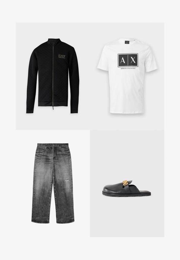 Schwarze langärmelige Reißverschlussjacke mit dezent kariertem Muster und EA7 Emporio Armani-Logo auf der linken Brust.; Weißes kurzärmeliges T-Shirt mit schwarzem rechteckigem Armani Exchange-Logo, auf dem der Text "A | X" zentriert auf der Brust zu sehen ist.; Schwarz gewaschene Jeans mit geradem Bein, vorderen Taschen, Knopfverschluss und einem kleinen Riss oberhalb des rechten Knies.; Schwarze Leder-Mules zum Hineinschlüpfen mit einem goldfarbenen, dekorativen Riemen und einer niedrigen, strukturierten Gummisohle auf einem einfarbigen Hintergrund.