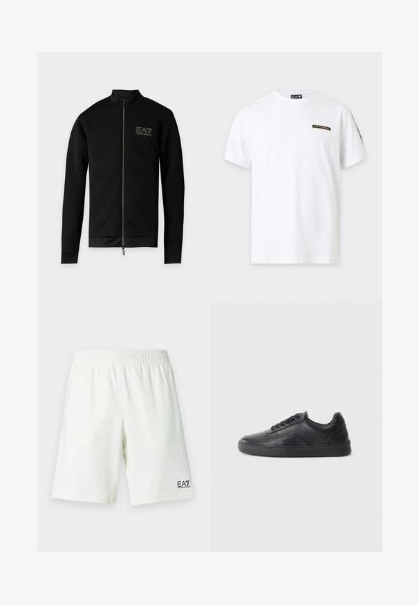 Veste noire à manches longues zippée avec une texture à carreaux subtile et logo EA7 Emporio Armani sur la poitrine gauche.; T-shirt blanc à manches courtes avec un petit patch logo EA7 Emporio Armani sur la poitrine gauche et une étiquette de marque à l'intérieur du col.; Shorts à taille élastique blanche avec logo EA7 Emporio Armani en noir sur la jambe droite en bas.; Chaussure de sport en cuir noir avec une finition lisse, bout arrondi, panneau latéral texturé et lacets noirs. Présente une semelle en caoutchouc plate et un design minimaliste.